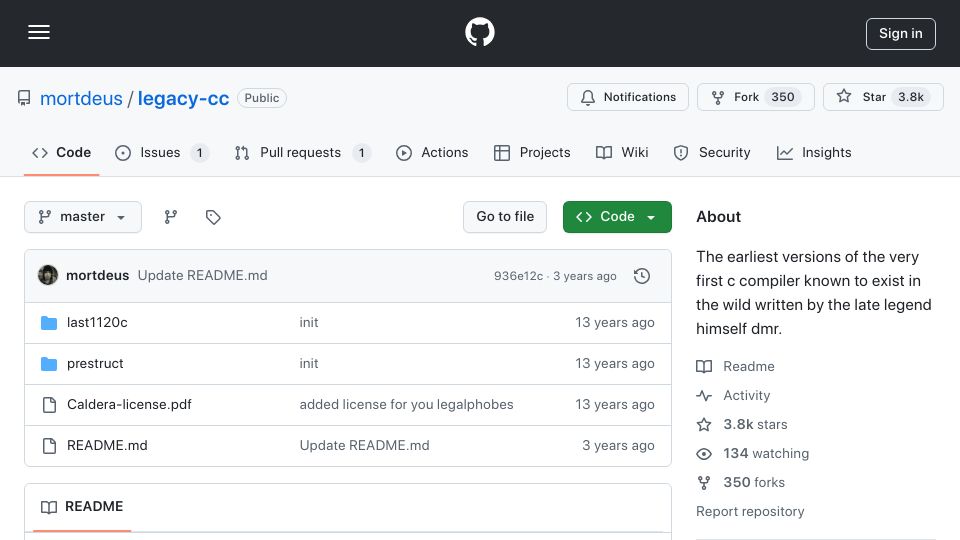 Screenshot of github.com: The earliest versions of the first C compiler known to exist