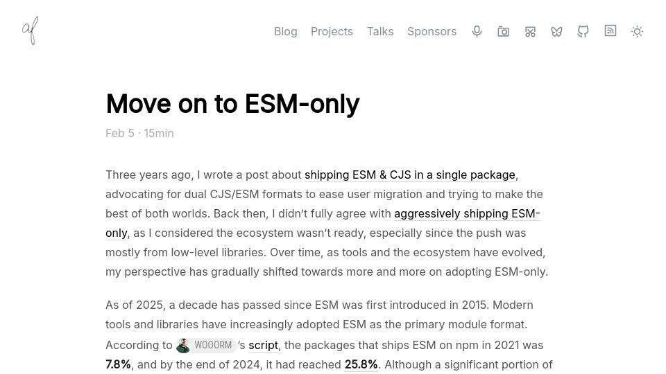 Screenshot of antfu.me: Move on to ESM-Only