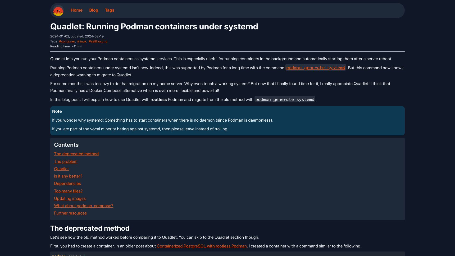 Screenshot of mo8it.com: Quadlet: Running Podman containers under systemd