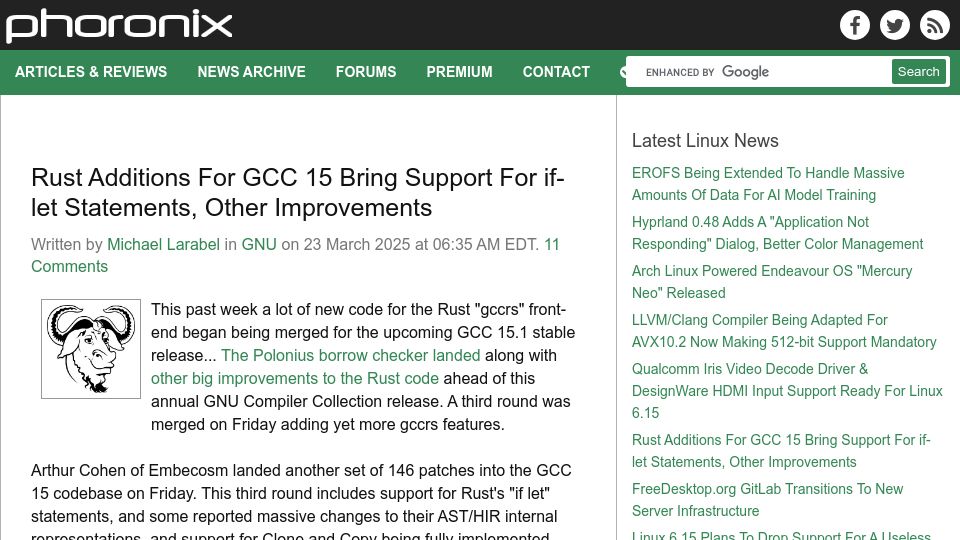 Screenshot of phoronix.com: Rust Additions for GCC 15 Bring Support for If-Let Statements