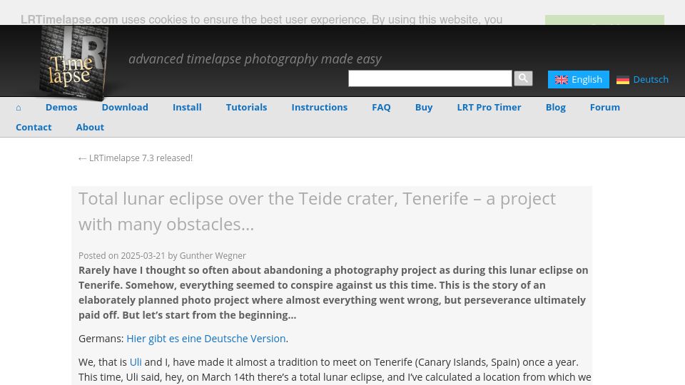 Screenshot of lrtimelapse.com: Total lunar eclipse over Teide crater, Tenerife – a project with many obstacles