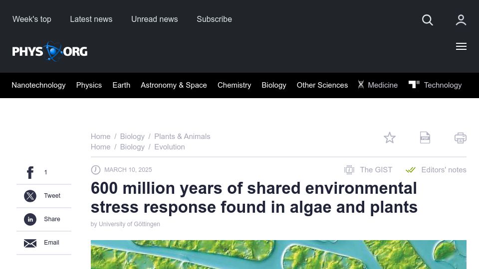 Screenshot of phys.org: 600M years of shared environmental stress response found in algae and plants