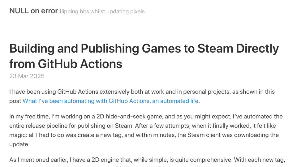 Screenshot of nullonerror.org: Building and Publishing Games to Steam Directly from GitHub Actions