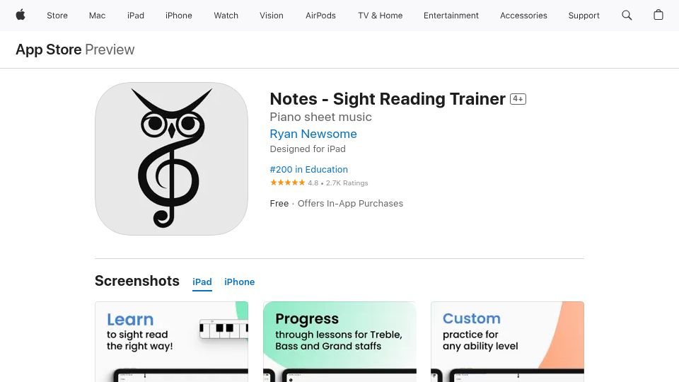 Screenshot of apps.apple.com: Show HN: My iOS app to practice sight reading (10 years in the App Store)