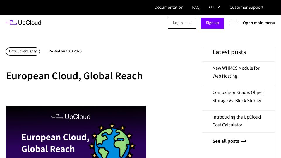 Screenshot of upcloud.com: European Cloud, Global Reach