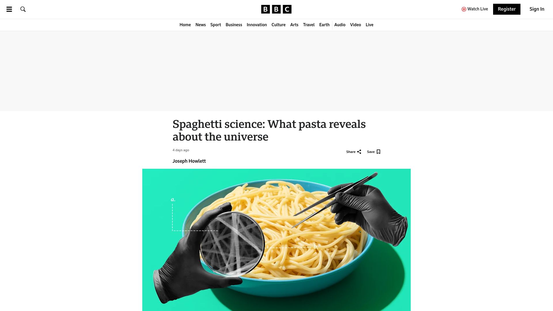 Screenshot of bbc.com: Spaghetti science: What pasta reveals about the universe