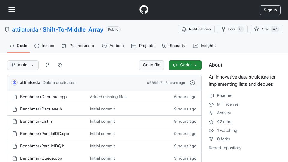 Screenshot of github.com: Shift-to-Middle Array: A Faster Alternative to Std:Deque?