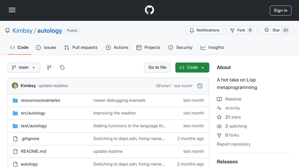 Screenshot of github.com: Autology: A Lisp with access to its own interpreter