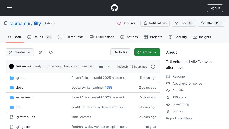Screenshot of github.com: TUI editor and Vim/Neovim alternative