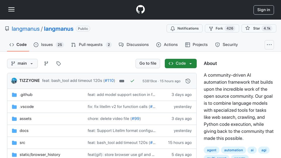 Screenshot of github.com: LangManus: An Open-Source Manus Agent with LangChain + LangGraph
