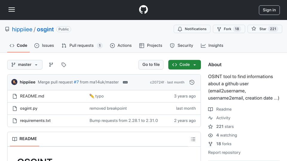 Screenshot of github.com: Osgint – OSINT tool to find information about GitHub user