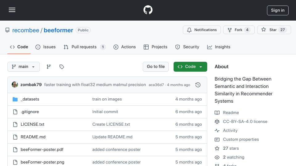 Screenshot of github.com: BeeFormer: CF and CBF hybrid approach for recommendation systems
