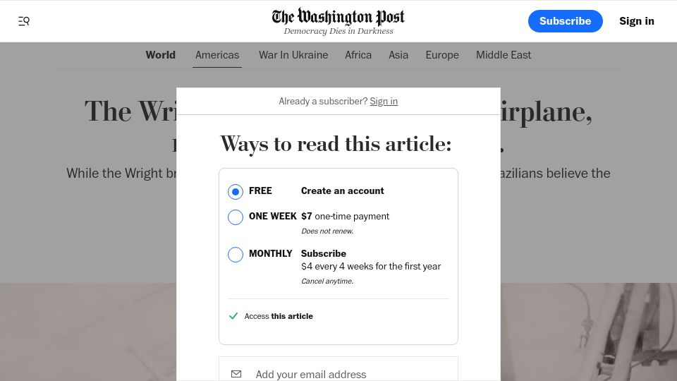 Screenshot of washingtonpost.com: The Wright brothers invented the airplane, right? Not if you're in Brazil