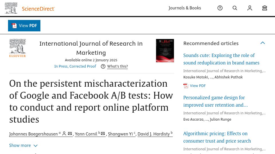 Screenshot of sciencedirect.com: The persistent mischaracterization of Google and Facebook A/B tests