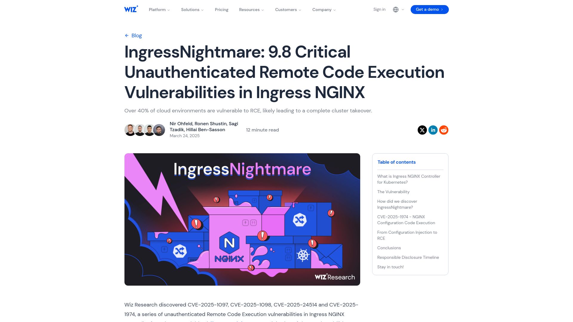 Screenshot of wiz.io: RCE Vulnerabilities in K8s Ingress Nginx (9.8 CVE for ingress-Nginx)