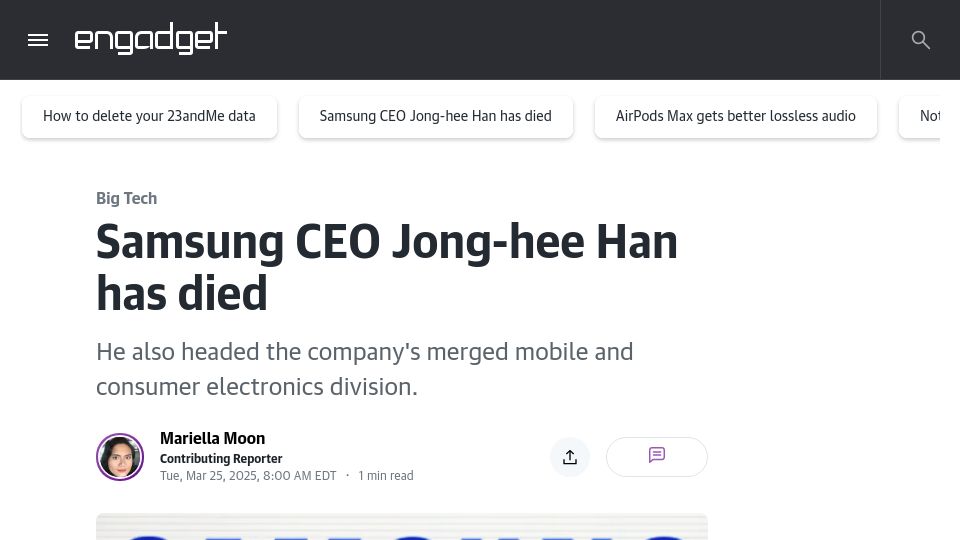 Screenshot of engadget.com: Samsung CEO Jong-hee Han has died