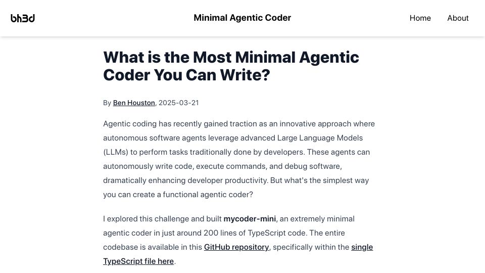 Screenshot of benhouston3d.com: What Is the Most Minimal Agentic Coder You Can Write?