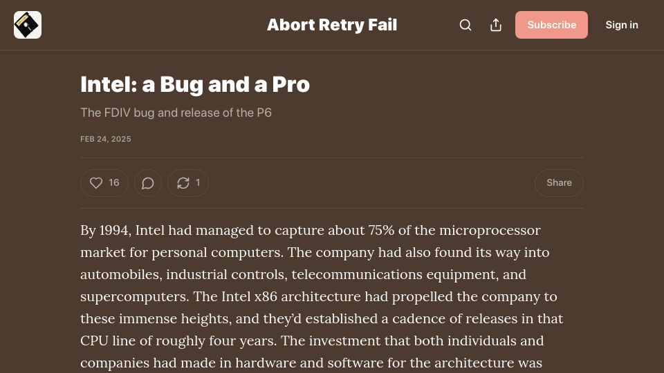 Screenshot of abortretry.fail: Intel: A Bug and a Pro
