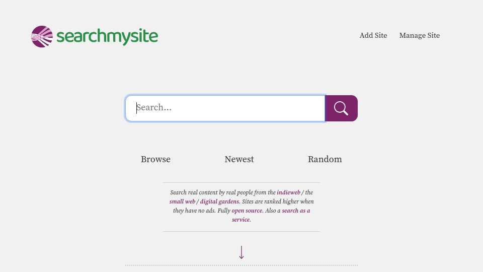 Screenshot of searchmysite.net: Search My Site – open-source search engine for personal and independent websites
