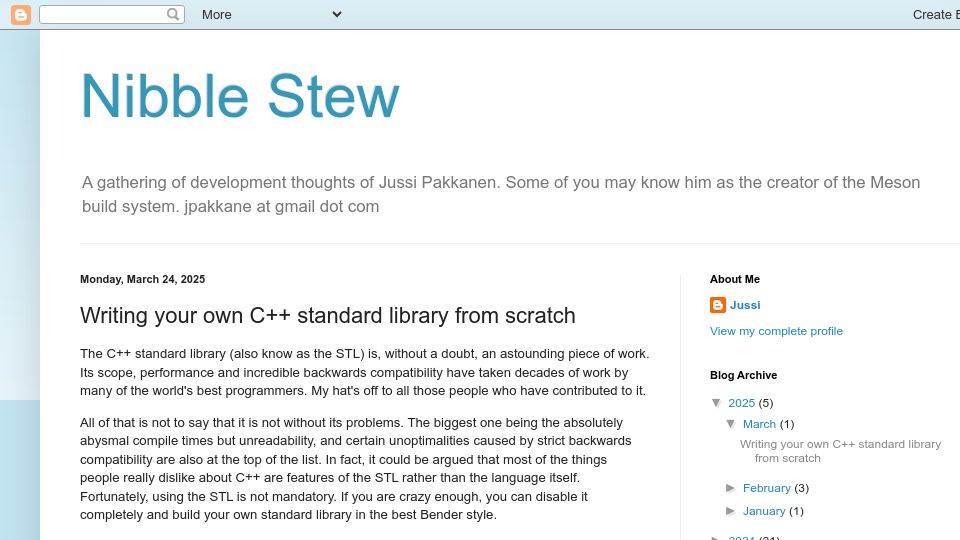 Screenshot of nibblestew.blogspot.com: Writing your own C++ standard library from scratch