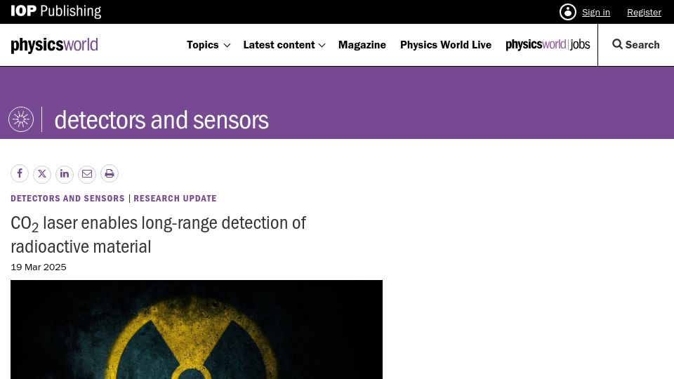 Screenshot of physicsworld.com: CO2 laser enables long-range detection of radioactive material