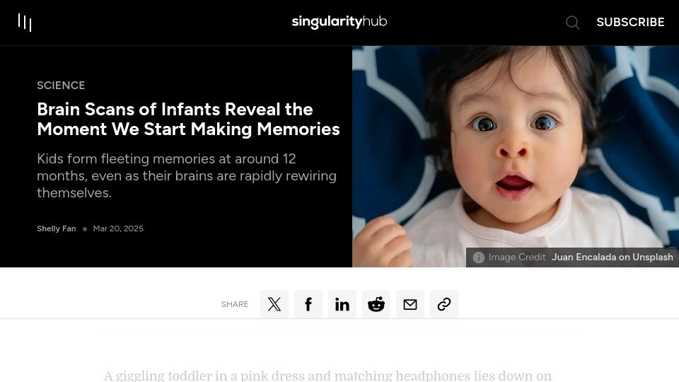 Screenshot of singularityhub.com: Brain Scans of Infants Reveal the Moment We Start Making Memories