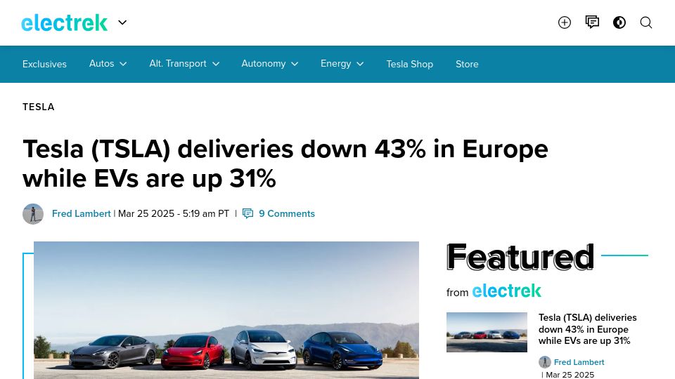 Screenshot of electrek.co: Tesla deliveries down 43% in Europe while EVs are up 31%