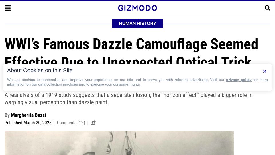 Screenshot of gizmodo.com: WWI's 'Dazzle' Camouflage Seemed Effective Due to Unexpected Optical Trick