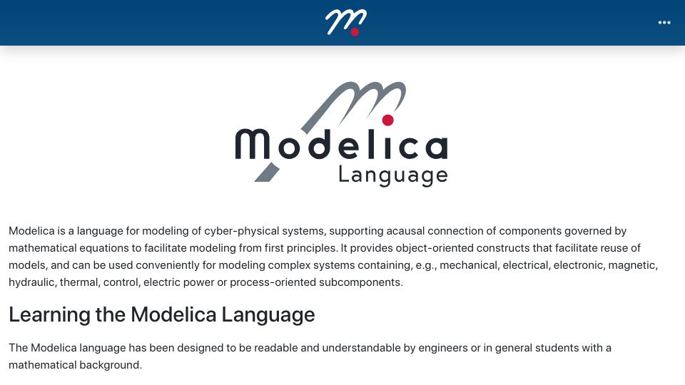 Screenshot of modelica.org: Modelica is a language for modeling of cyber-physical systems