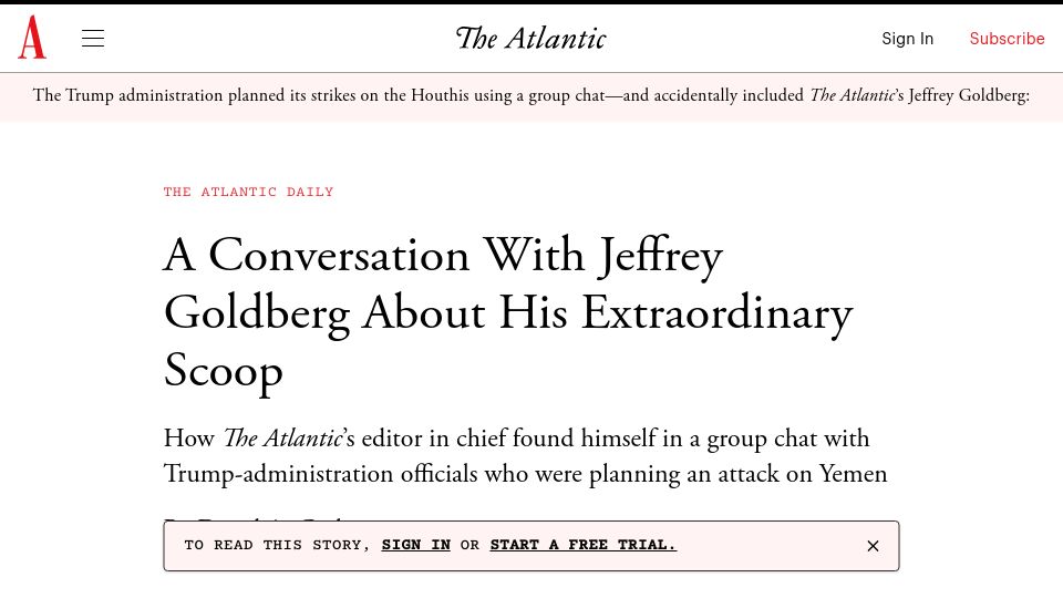Screenshot of theatlantic.com: Jeffrey Goldberg on being added to the group chat by Trump Administration