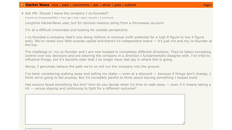 Screenshot of Hacker News post: Ask HN: Should I leave the company I co-founded?