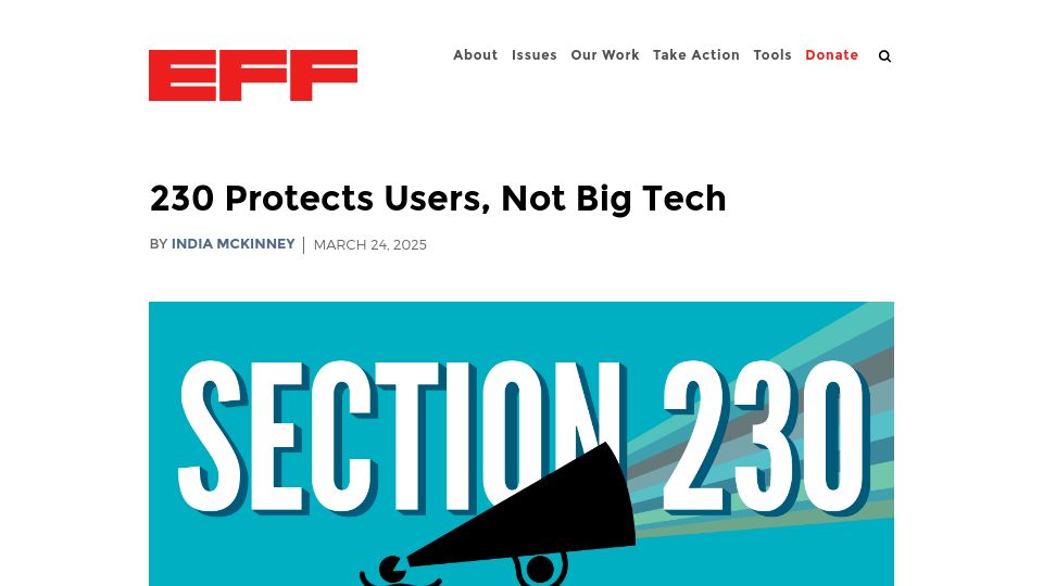 Screenshot of eff.org: Section 230 Protects Users, Not Big Tech