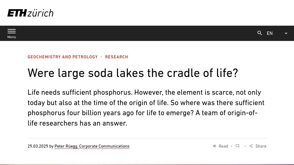 Screenshot of ethz.ch: Were large soda lakes the cradle of life?