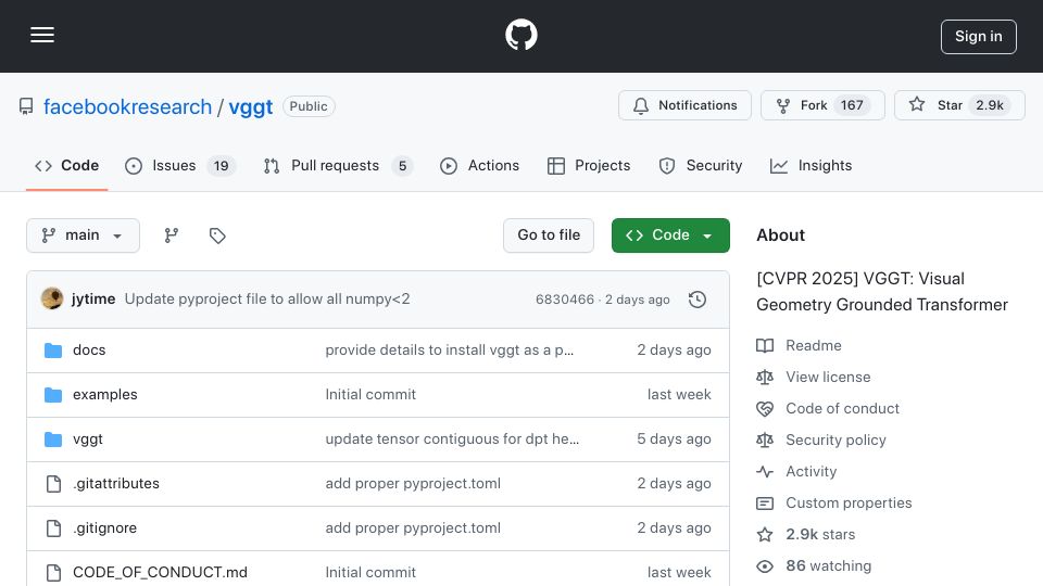 Screenshot of github.com: VGGT: Visual Geometry Grounded Transformer