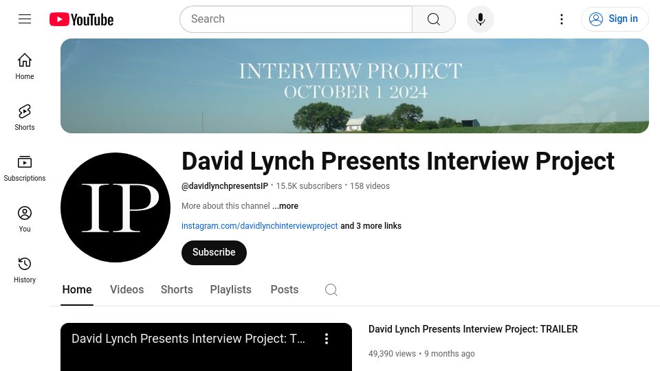 Screenshot of youtube.com: David Lynch Presents Interview Project