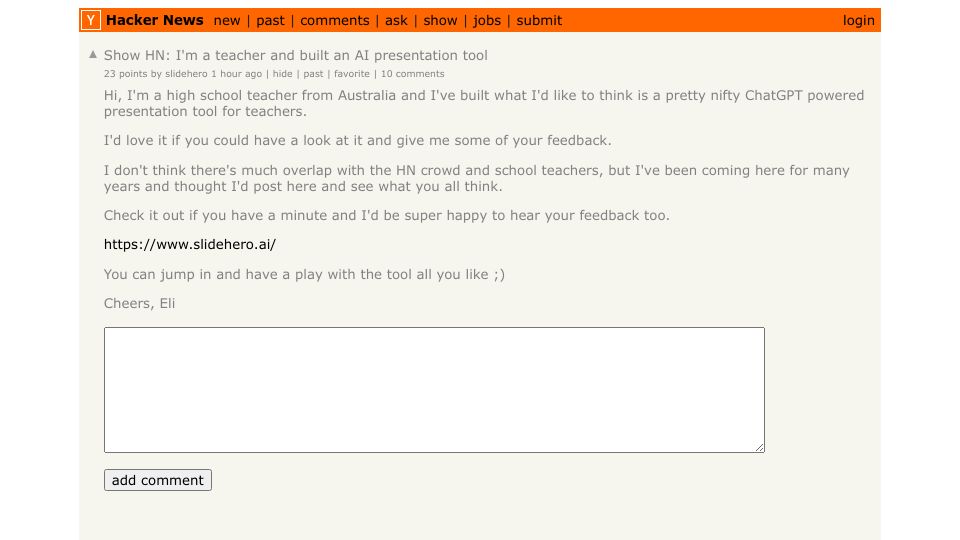 Screenshot of Hacker News post: Show HN: I'm a teacher and built an AI presentation tool