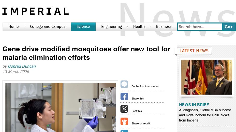 Screenshot of imperial.ac.uk: Gene drive modified mosquitoes offer new tool for malaria elimination efforts