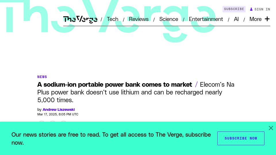 Screenshot of theverge.com: A sodium-ion portable power bank comes to market
