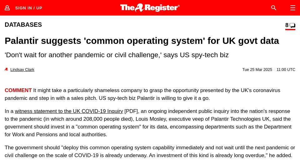 Screenshot of theregister.com: Palantir suggests 'common operating system' for UK govt data