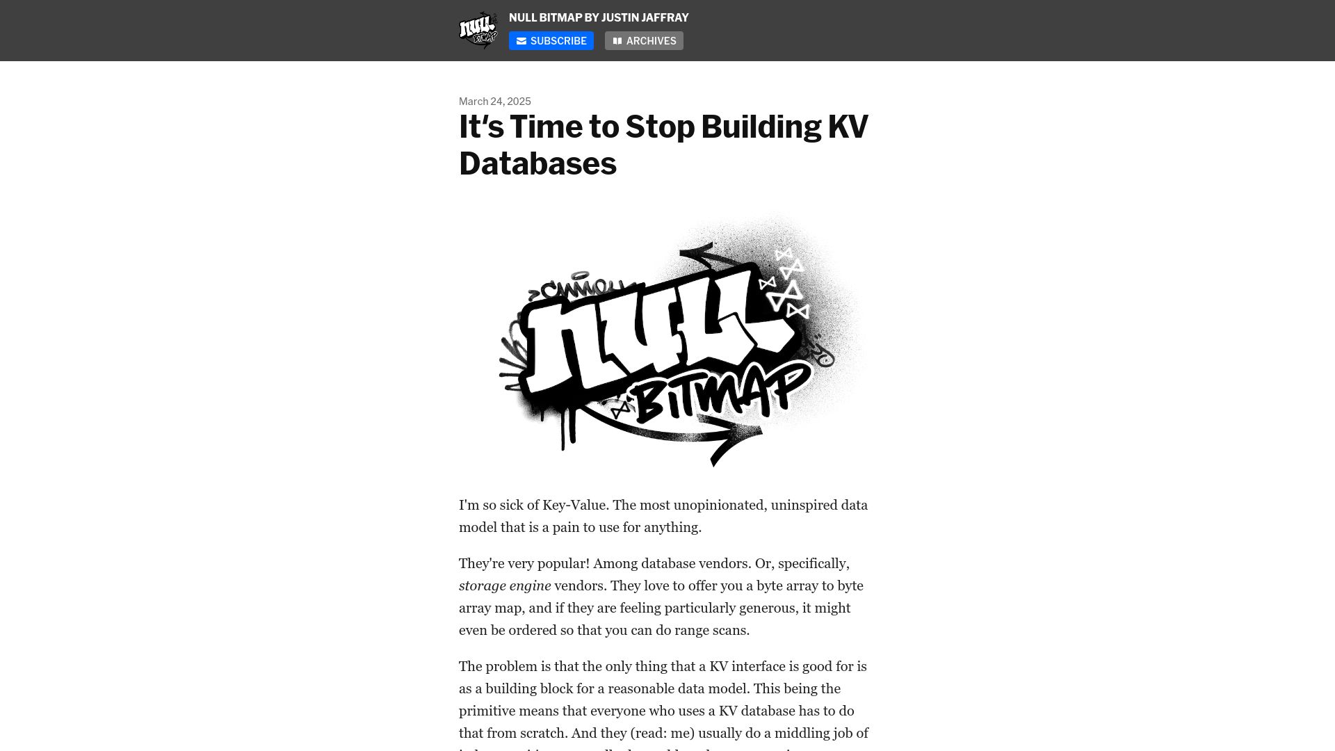 Screenshot of buttondown.com: It's Time to Stop Building KV Databases