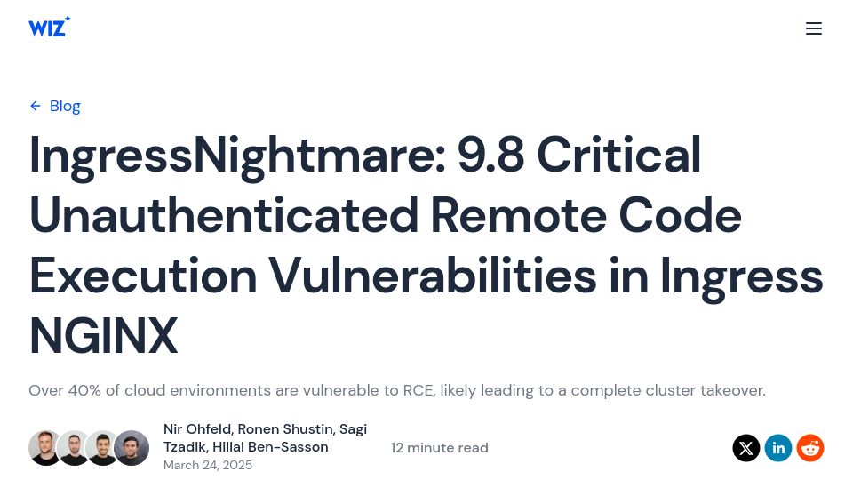 Screenshot of wiz.io: RCE Vulnerabilities in K8s Ingress Nginx (9.8 CVE for ingress-Nginx)