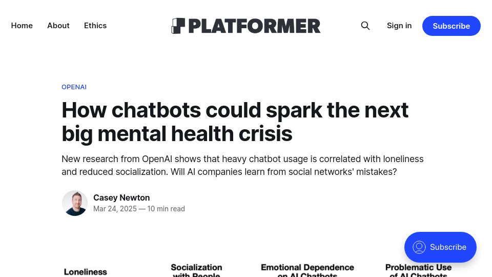 Screenshot of platformer.news: Chatbots could spark the next big mental health crisis