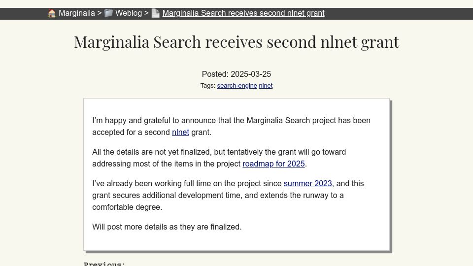 Screenshot of marginalia.nu: Marginalia Search receives second nlnet grant