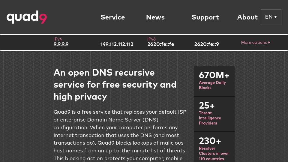 Screenshot of quad9.net: Quad9 – A public and free DNS service for a better security and privacy