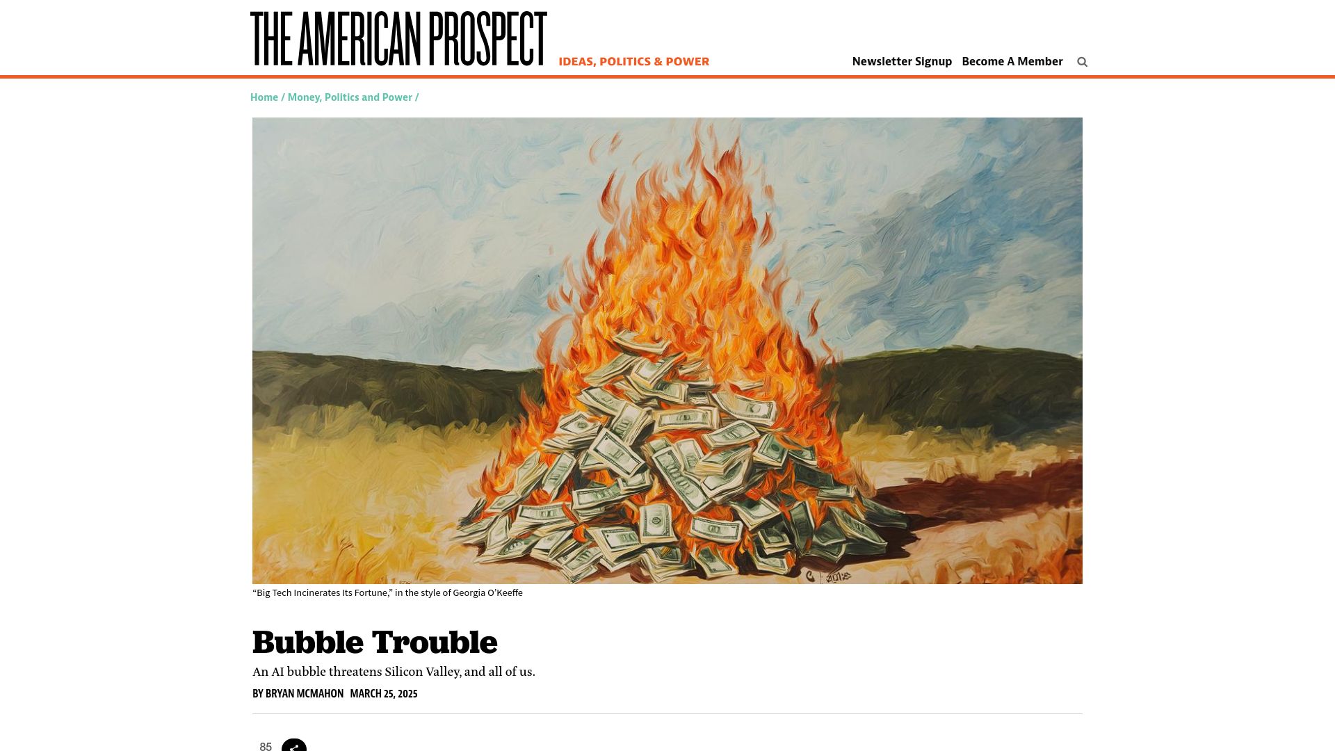 Screenshot of prospect.org: An AI bubble threatens Silicon Valley, and all of us