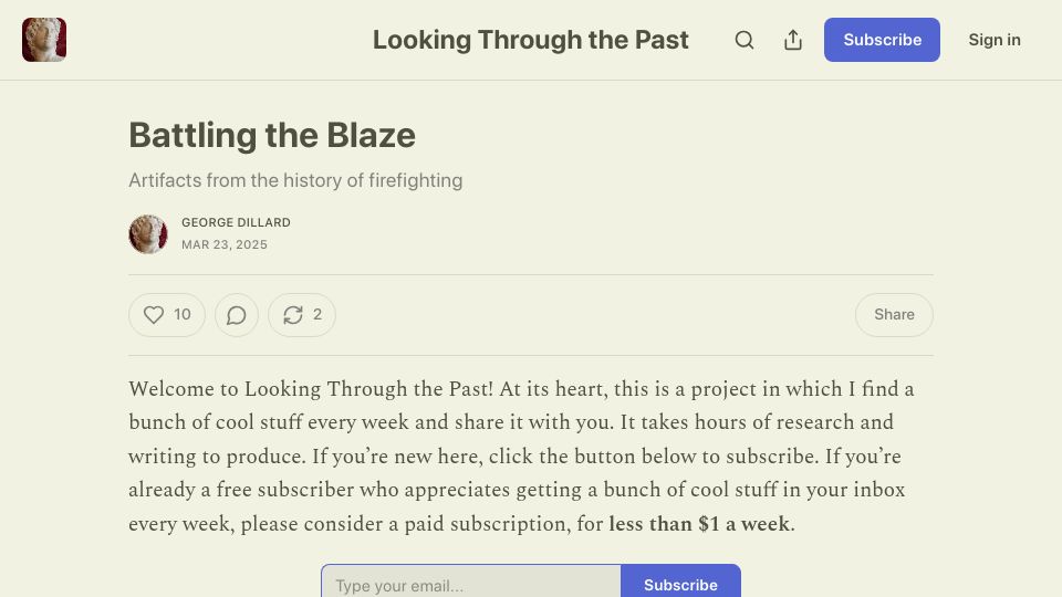 Screenshot of worldhistory.substack.com: Battling the Blaze: Artifacts from the history of firefighting