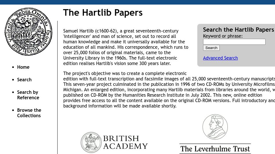 Screenshot of dhi.ac.uk: The Hartlib Papers