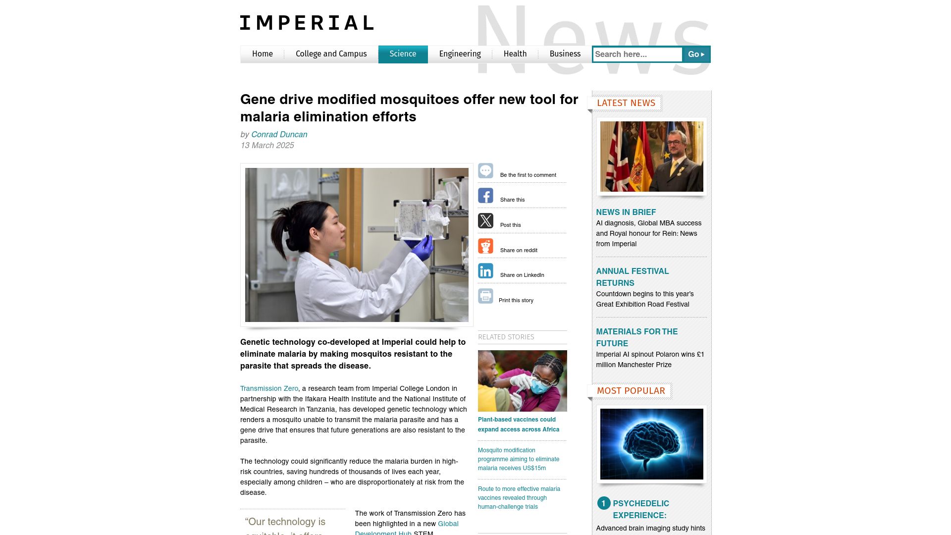 Screenshot of imperial.ac.uk: Gene drive modified mosquitoes offer new tool for malaria elimination efforts