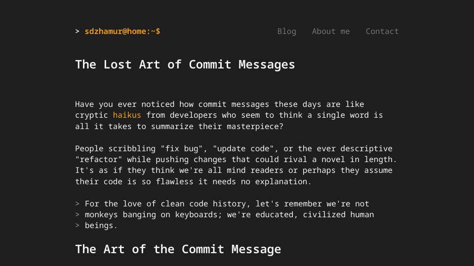 Screenshot of seyhan.me: The Lost Art of Commit Messages