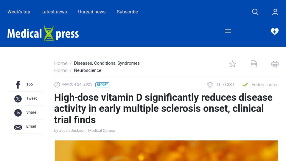 Screenshot of medicalxpress.com: High‑dose Vitamin D reduces disease activity in early multiple sclerosis onset